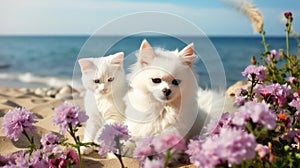 cat and dog ,white kitten and puppy sit play on sunset in sea water on beach wild field