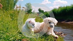 cat and dog ,white kitten and puppy sit play on sunset in sea water on beach wild field