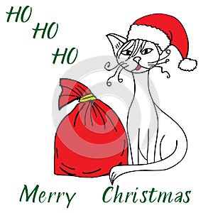 Cat doodle Santa Merry Christmas. Sketch.