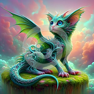 Cat with dragon hybrid It has long, pointed ears that are slightly frayed.