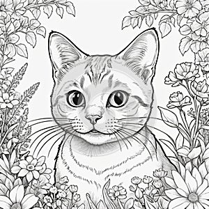 Cat drawing coloring book black and white, AI generated image