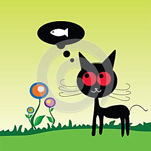 Cat dreem fish on the meadow vector illustration