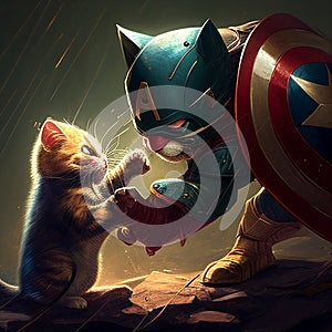 a cat dressed as captain america greets a simple cat