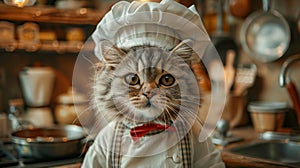 Cat dressed as chef in a kitchen - generative ai