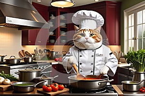 Cat Dressed as a Chef Striking a Humorous and Professional Pose - Reminiscent of Ratatouille with Whisk