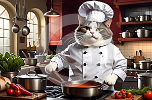 Cat Dressed as a Chef Striking a Humorous and Professional Pose - Reminiscent of Ratatouille with Whisk