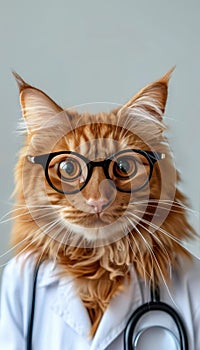 Cat dressed as a doctor on pastel gradient backdrop with ample space for adding text