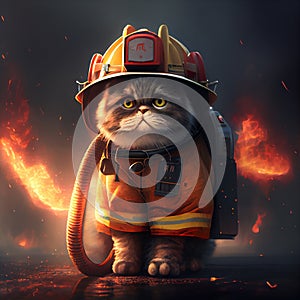 Cat dressed as firefighter. Fireman uniform and helmet.