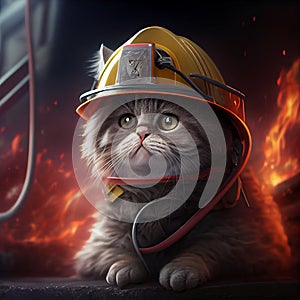 Cat dressed as firefighter. Fireman uniform and helmet.