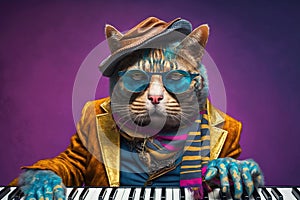 a cat dressed as a jazzman playing pianino, created with Generative AI technology