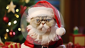 a cat dressed as Santa Claus with a miniature sleigh and presents in a cozy living room. the pet's adorable holiday