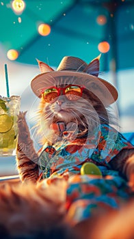 A cat dressed in a Hawaiian shirt, beach shorts, hat, sunglasses lies on a sunbathe on the beach, on a sun lounger