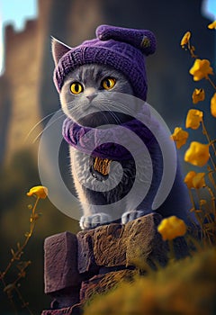 cat dressed in knitted purple and sweater Winter pet concept. illustration calendar postcard illustration for