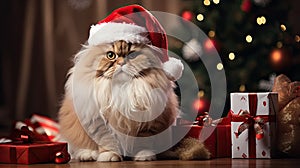 The cat is dressed like Santa Claus and wears red Santa hats The Christmas tree and gifts can be seen in the background