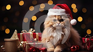 The cat is dressed like Santa Claus and wears red Santa hats The Christmas tree and gifts can be seen in the background