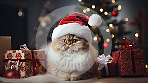 The cat is dressed like Santa Claus and wears red Santa hats The Christmas tree and gifts can be seen in the background