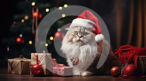 The cat is dressed like Santa Claus and wears red Santa hats The Christmas tree and gifts can be seen in the background