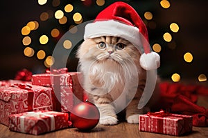 The cat is dressed like Santa Claus and wears red Santa hats The Christmas tree and gifts can be seen in the background