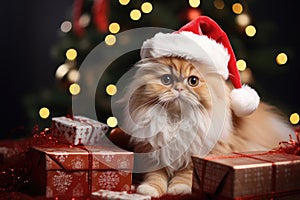 The cat is dressed like Santa Claus and wears red Santa hats The Christmas tree and gifts can be seen in the background