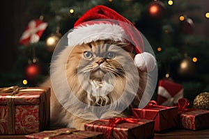 The cat is dressed like Santa Claus and wears red Santa hats The Christmas tree and gifts can be seen in the background