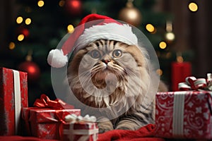 The cat is dressed like Santa Claus and wears red Santa hats The Christmas tree and gifts can be seen in the background