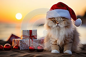 The cat is dressed like Santa Claus and wears red Santa hats The Christmas tree and gifts can be seen in the background