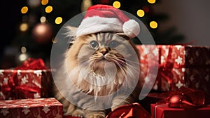 The cat is dressed like Santa Claus and wears red Santa hats The Christmas tree and gifts can be seen in the background