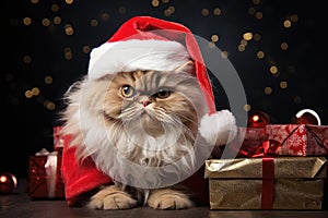 The cat is dressed like Santa Claus and wears red Santa hats The Christmas tree and gifts can be seen in the background