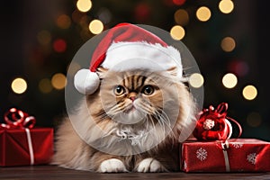 The cat is dressed like Santa Claus and wears red Santa hats The Christmas tree and gifts can be seen in the background