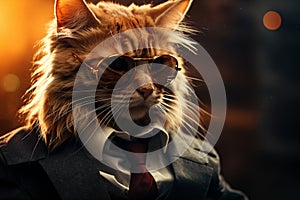 Cat dressed in a snazzy business suit, complete with stylish sunglasses. This feline executive exudes an air of authority and