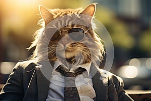 Cat dressed in a snazzy business suit, complete with stylish sunglasses. This feline executive exudes an air of authority and