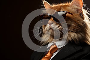 Cat dressed in a snazzy business suit, complete with stylish sunglasses. This feline executive exudes an air of authority and