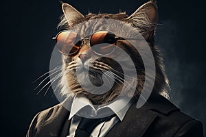Cat dressed in a snazzy business suit, complete with stylish sunglasses. This feline executive exudes an air of authority and