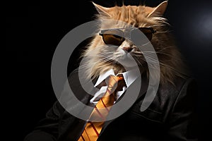 Cat dressed in a snazzy business suit, complete with stylish sunglasses. This feline executive exudes an air of authority and