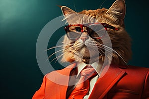 Cat dressed in a snazzy business suit, complete with stylish sunglasses. This feline executive exudes an air of authority and photo