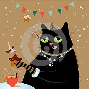 Cat drinking coffee with bird vector illustration