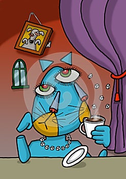 Cat is drinking coffee in Picasso style photo
