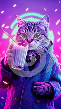 a cat drinking a glass of milk with a straw.