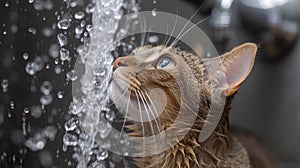 A cat drinking water from a shower head while looking up, AI