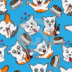 Cat drinking wine drunk seamless pattern , funny happy cat cartoon pet, headache kitty, kitten dizzy, doodle, and modern blue