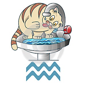 The cat drinks water. Aquarius zodiac sign isolated on white background. Vector illustration