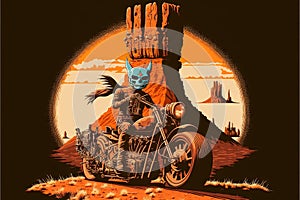 Cat driving a bike in monument valley illustration generative ai