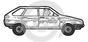 Cat driving car sketch engraving vector