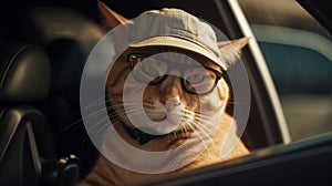 A cat driving a car, wearing sunglasses and a hat ai, ai generative, illustration