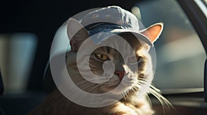 A cat driving a car, wearing sunglasses and a hat ai, ai generative, illustration