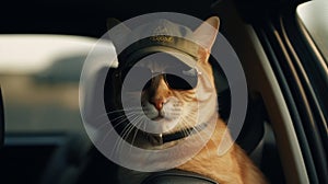 A cat driving a car, wearing sunglasses and a hat ai, ai generative, illustration