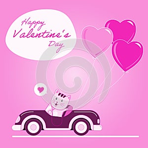 Cat driving with heart balloon - Vector Illustration