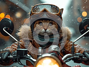 Cat driving motorcycle wearing helmet and goggles. A pet animals motorcycle rider