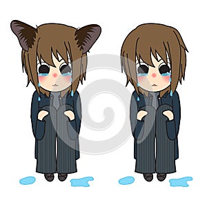 Cat Ears Girl Crying Hug Knees. Vector Illustration. isolated on White Background.