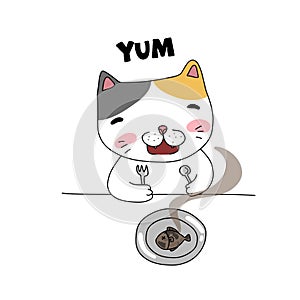 Cat eating fish cartoon illustration